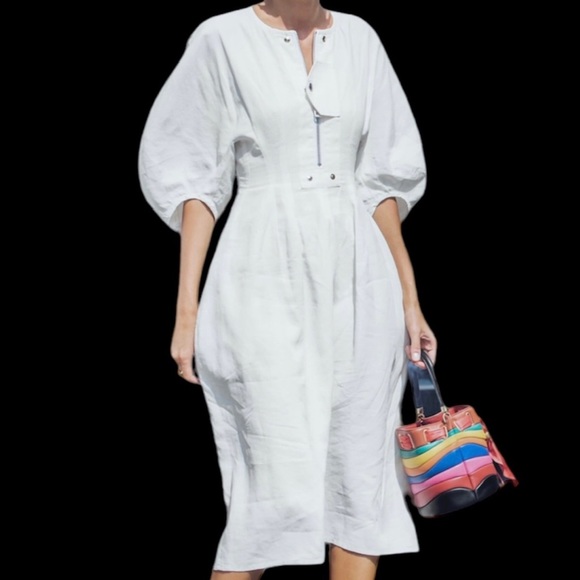 CÉLINE OFF WHITE LINEN DRESS WITH PUFF SLEEVES SIZE 42 BY PHOEBE PHILO - Picture 14 of 16
